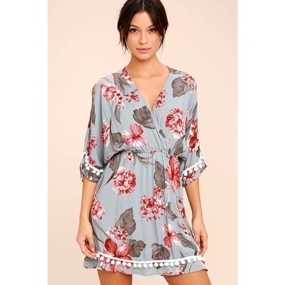Lulus Pom‎ Reader Blue Grey Floral Print Dress - Picture 1 of 9